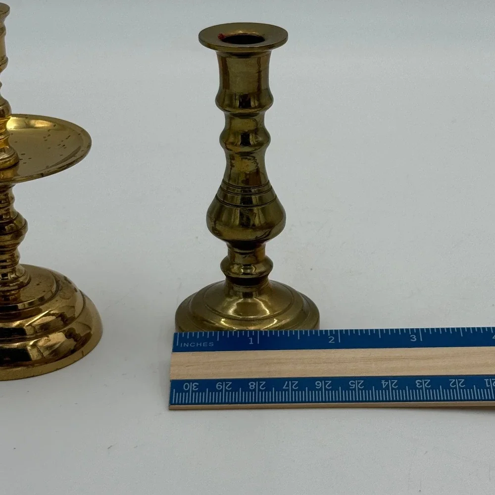 Vintage Solid Brass Candlestick Holders Mismatched Set of 2 Gold Taper Pedestal